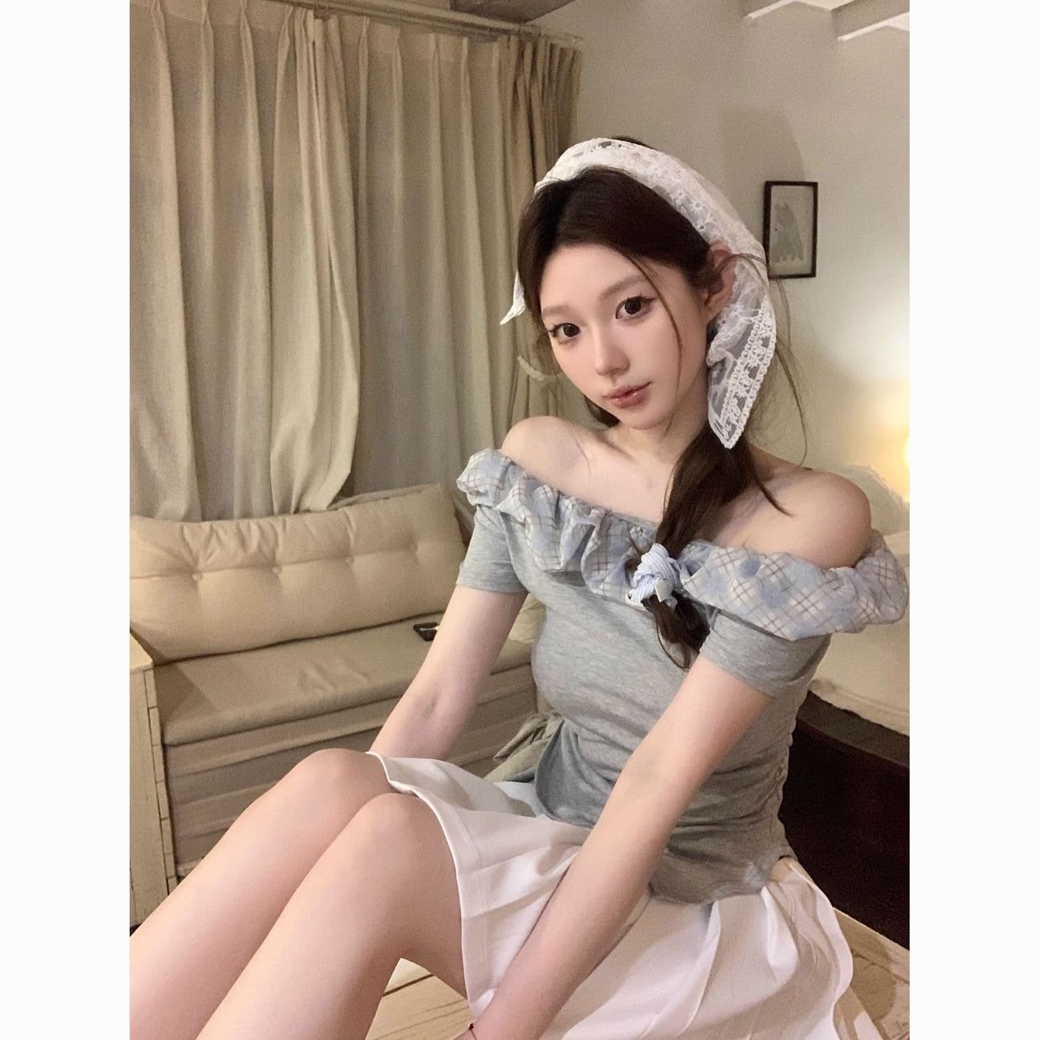 순수한 욕망 바람 프릴 오프숄더 섹시함 반팔 티셔츠 여름 새로운 핫걸 허리 수축 패치워크 색상 불규칙 맨위 여성 상세 이미지 10