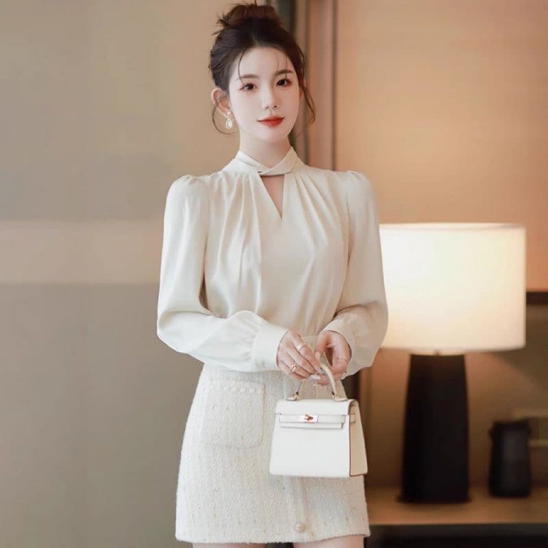 긴팔 디자인 센스 작은 대중 쉬폰 셔츠 봄 가을 겨울 년 새로운 여성 다용도 맨위 홀로우 아웃 셔츠 상세 이미지 8