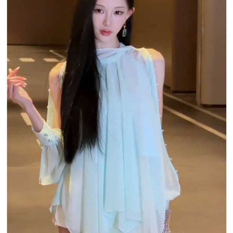 프랑스식 부드러운 바람 행침 목 박하 파란색 쉬폰 여성 셔츠 여름 새로운 패션 오프숄더 루즈핏 슬림해 보이는 맨위