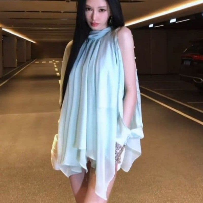 프랑스식 부드러운 바람 행침 목 박하 파란색 쉬폰 여성 셔츠 여름 새로운 패션 오프숄더 루즈핏 슬림해 보이는 맨위 상세 이미지 2