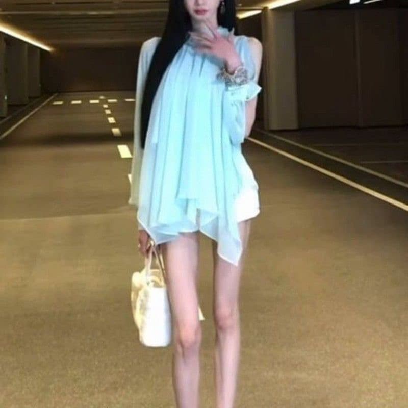 프랑스식 부드러운 바람 행침 목 박하 파란색 쉬폰 여성 셔츠 여름 새로운 패션 오프숄더 루즈핏 슬림해 보이는 맨위 상세 이미지 4