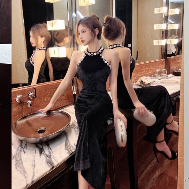 품격 명문 여성 벨벳 행침 목 여성 드레스 가을 무거운 작업 다이아몬드 세팅 검정색 치마 고급 센스 이브닝 드레스 롱 스커트 상세 이미지 6