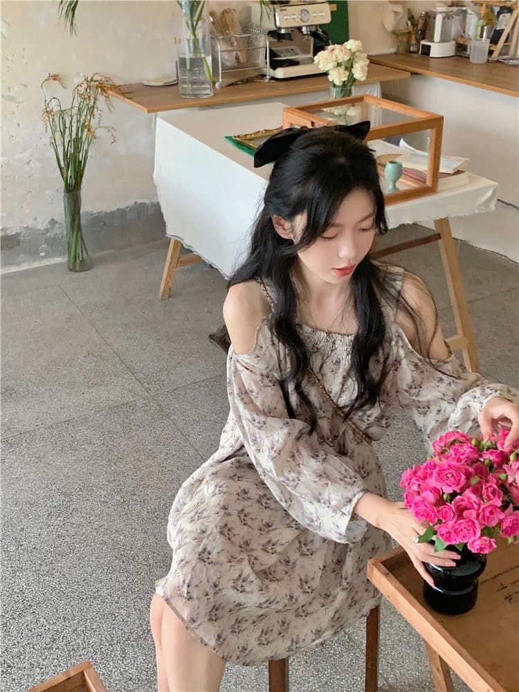 오프숄더 꽃무늬 여성 드레스 여름 디자인 센스 프랑스식 치마 표지 배 슬림해 보이는 이미지 3