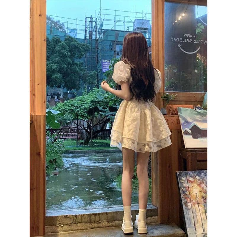 여름 여성 의류 프랑스식 레트로 허리 수축 고급 센스 품격 거품 소매 공주 드레스 부드러운 바람 퍼프 점프 슈트 치마 상세 이미지 2