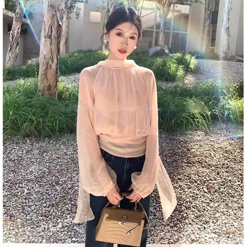 2026 봄 새로운 쉬폰 작은 셔츠 프랑스식 느긋한 바람 펌프 Pleat 품격 리본 긴팔 다용도 쉬폰 톱 이미지 4