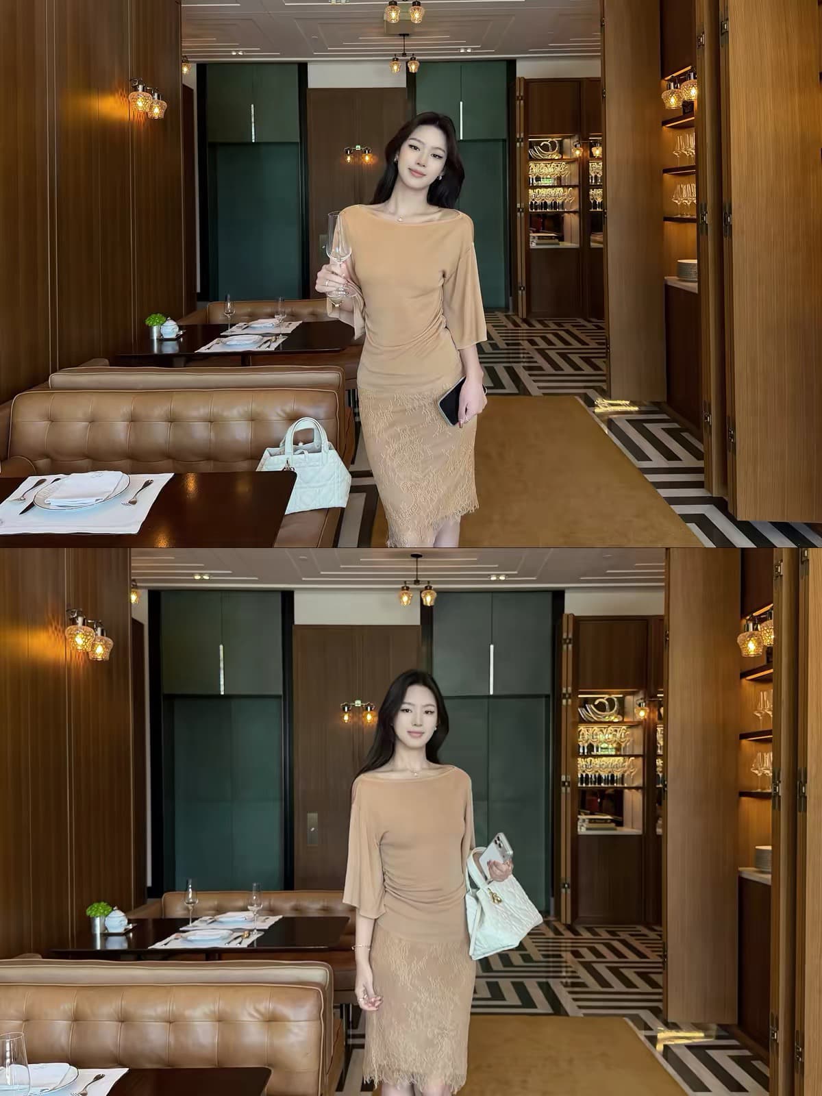 우아함 품격 자매 보트넥 펌프 Pleat 허리 수축 슬림해 보이는 중간 소매 니트 스웨터 상세 이미지 3