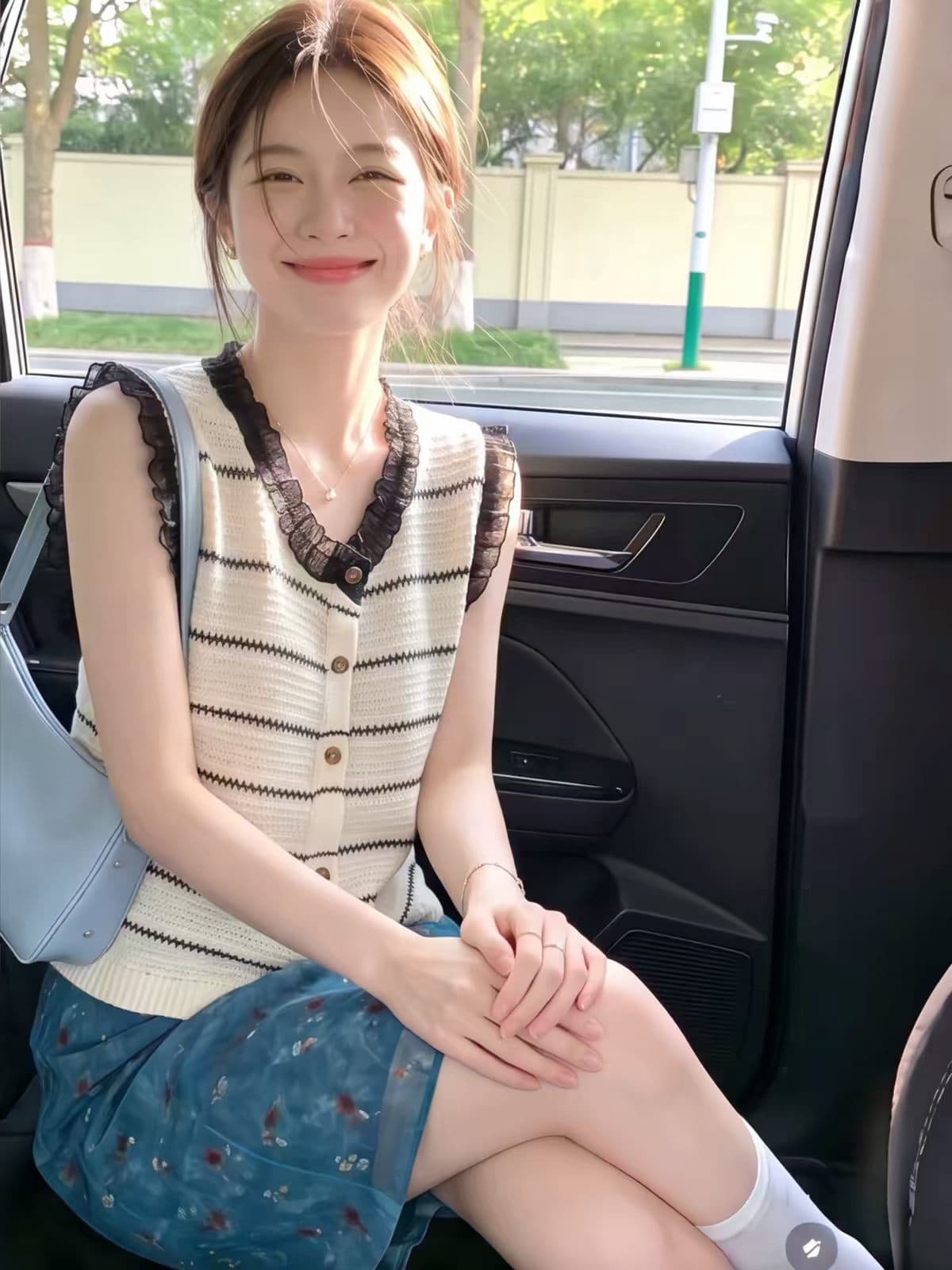 레이스 레이스 패치워크 라운드 넥 스트라이프 니트 오픈 가디건 조끼 여성 여름 새로운 품격 연령 감소 민소매 맨위 슬림해 보이는 상세 이미지 2