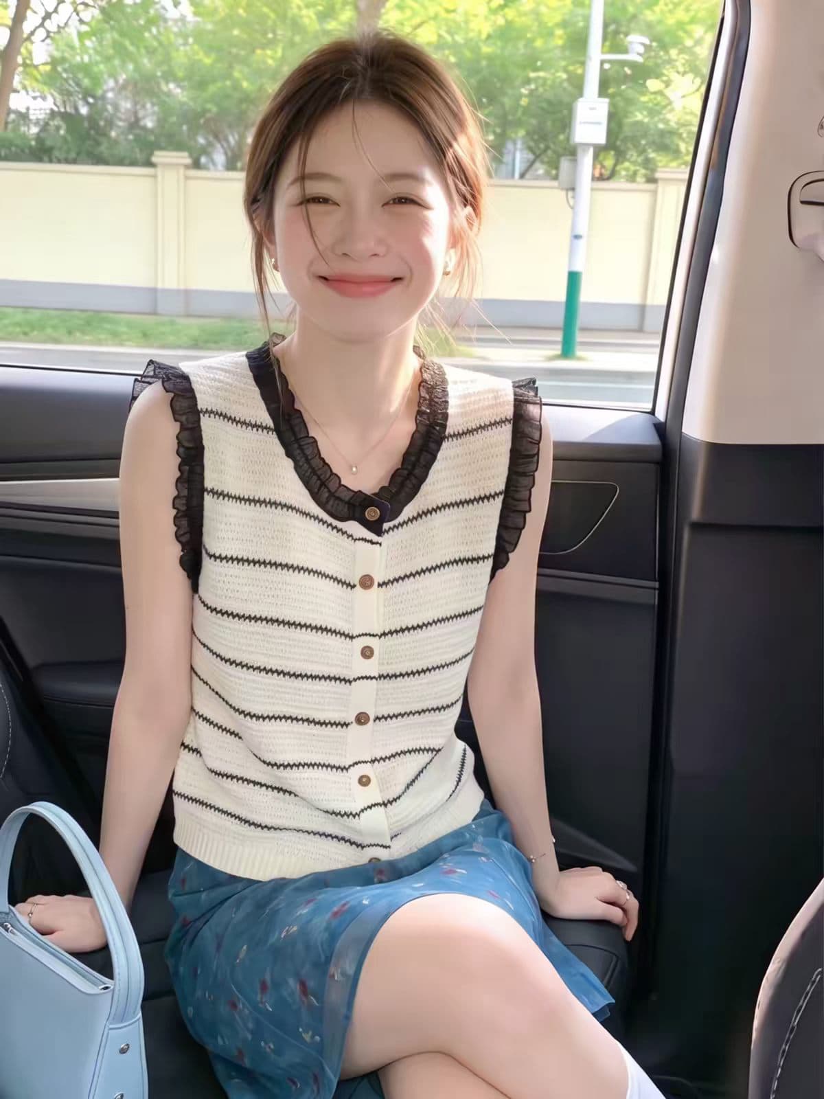 레이스 레이스 패치워크 라운드 넥 스트라이프 니트 오픈 가디건 조끼 여성 여름 새로운 품격 연령 감소 민소매 맨위 슬림해 보이는 상세 이미지 3