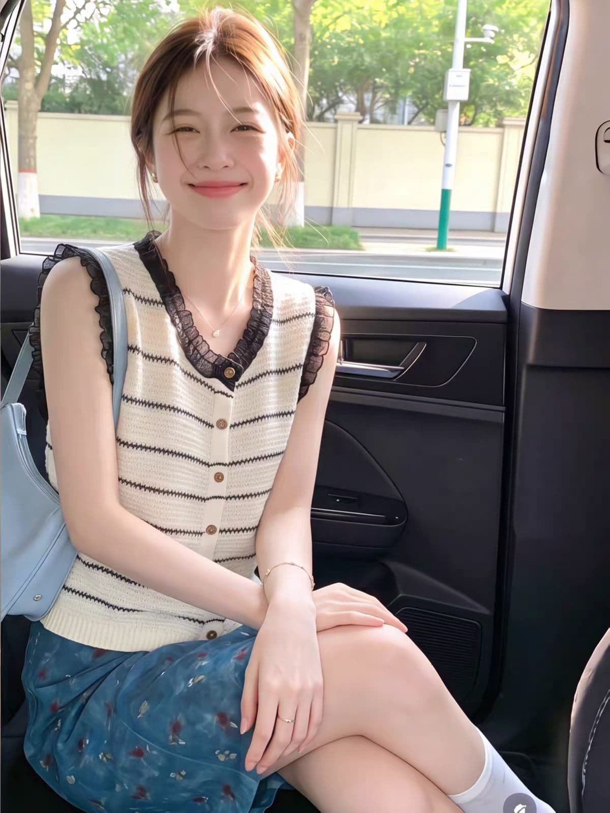 레이스 레이스 패치워크 라운드 넥 스트라이프 니트 오픈 가디건 조끼 여성 여름 새로운 품격 연령 감소 민소매 맨위 슬림해 보이는 상세 이미지 4
