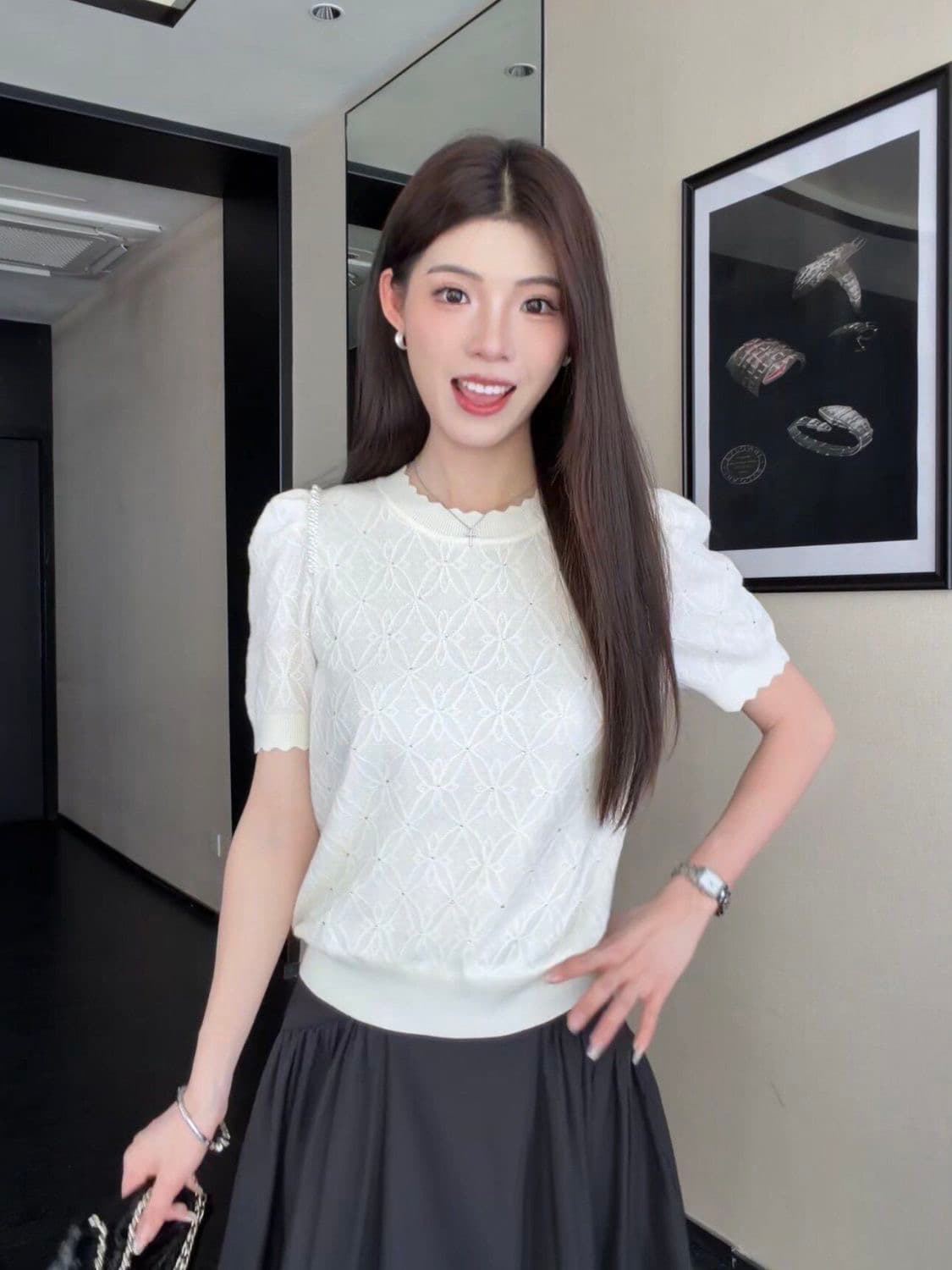 프랑스식 품격 자카드 반팔 티셔츠 여성 의류 여름 섹션 새로운 디자인 센스 작은 대중 다용도 니트 스웨터 맨위 상세 이미지 3