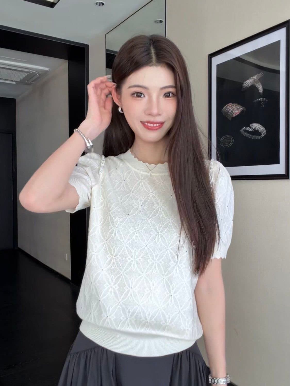 프랑스식 품격 자카드 반팔 티셔츠 여성 의류 여름 섹션 새로운 디자인 센스 작은 대중 다용도 니트 스웨터 맨위 상세 이미지 6
