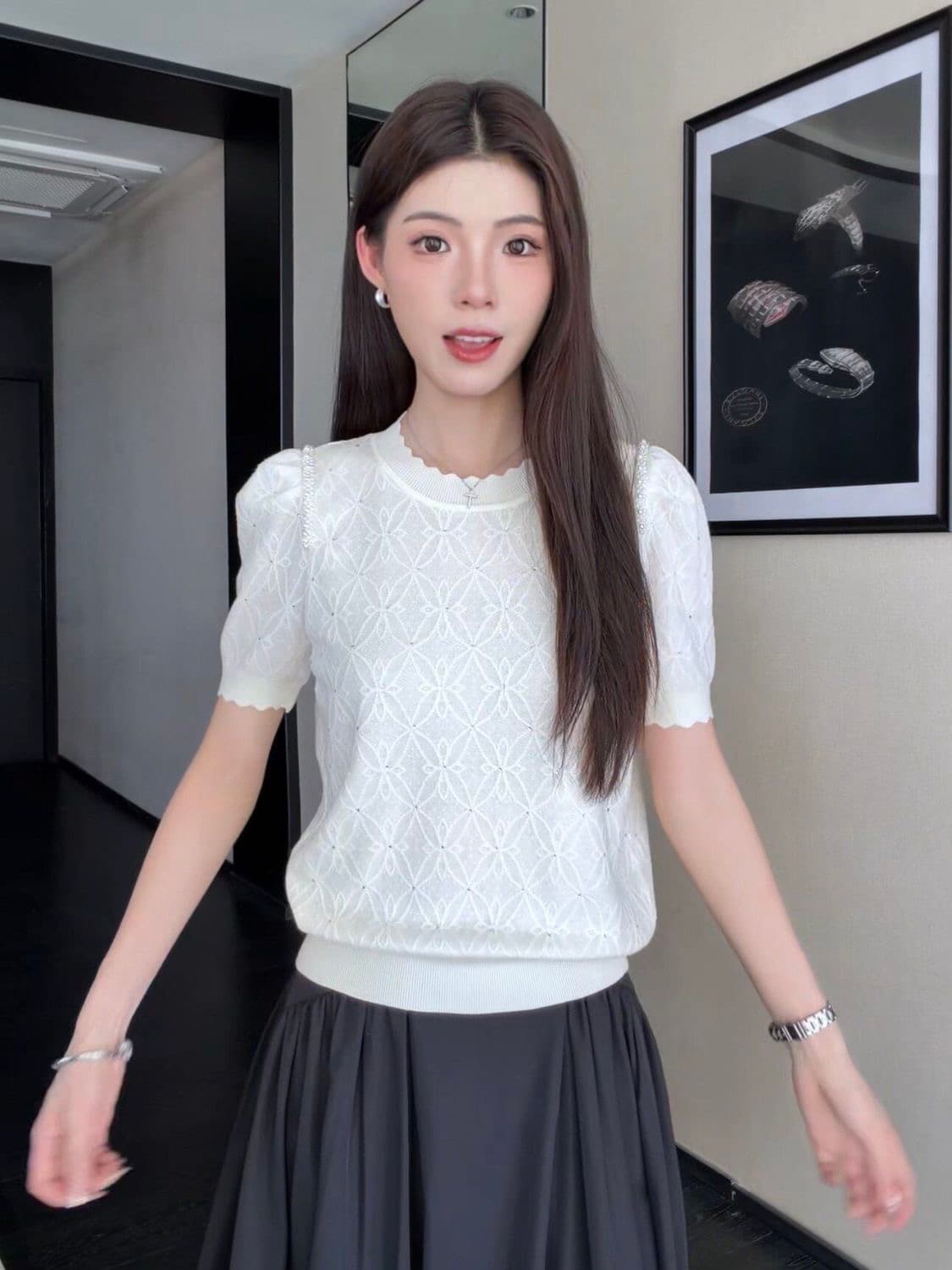 프랑스식 품격 자카드 반팔 티셔츠 여성 의류 여름 섹션 새로운 디자인 센스 작은 대중 다용도 니트 스웨터 맨위 상세 이미지 10