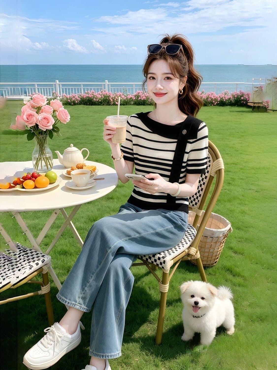 패션 레트로 chic 스트라이프 배색 라운드 넥 니트 반팔 티셔츠 여성 여름 섹션 작은 대중 캐주얼 다용도 맨위