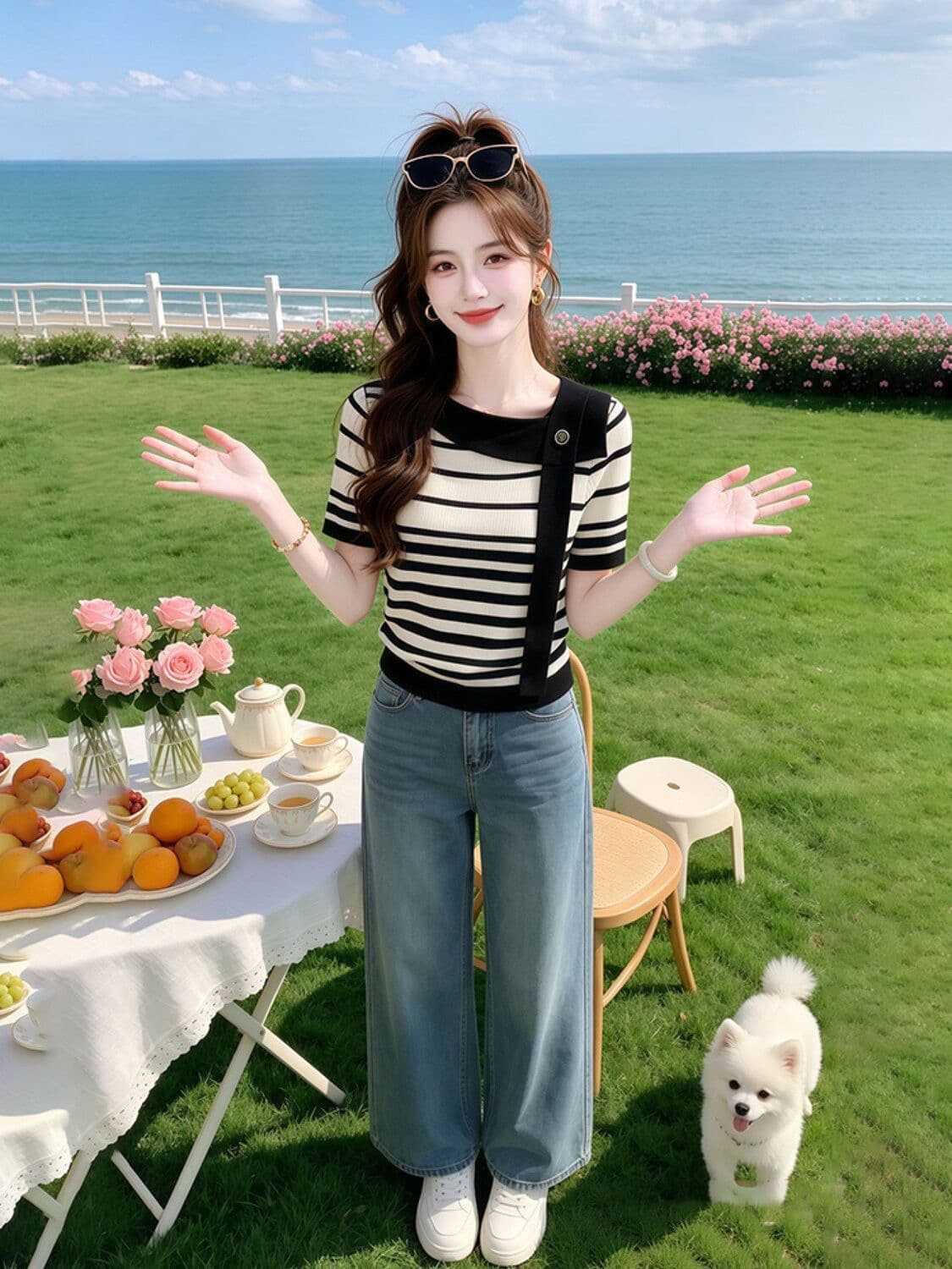 패션 레트로 chic 스트라이프 배색 라운드 넥 니트 반팔 티셔츠 여성 여름 섹션 작은 대중 캐주얼 다용도 맨위 이미지 2