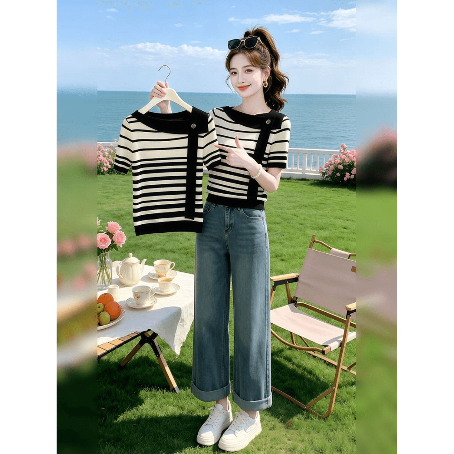패션 레트로 chic 스트라이프 배색 라운드 넥 니트 반팔 티셔츠 여성 여름 섹션 작은 대중 캐주얼 다용도 맨위 이미지 5