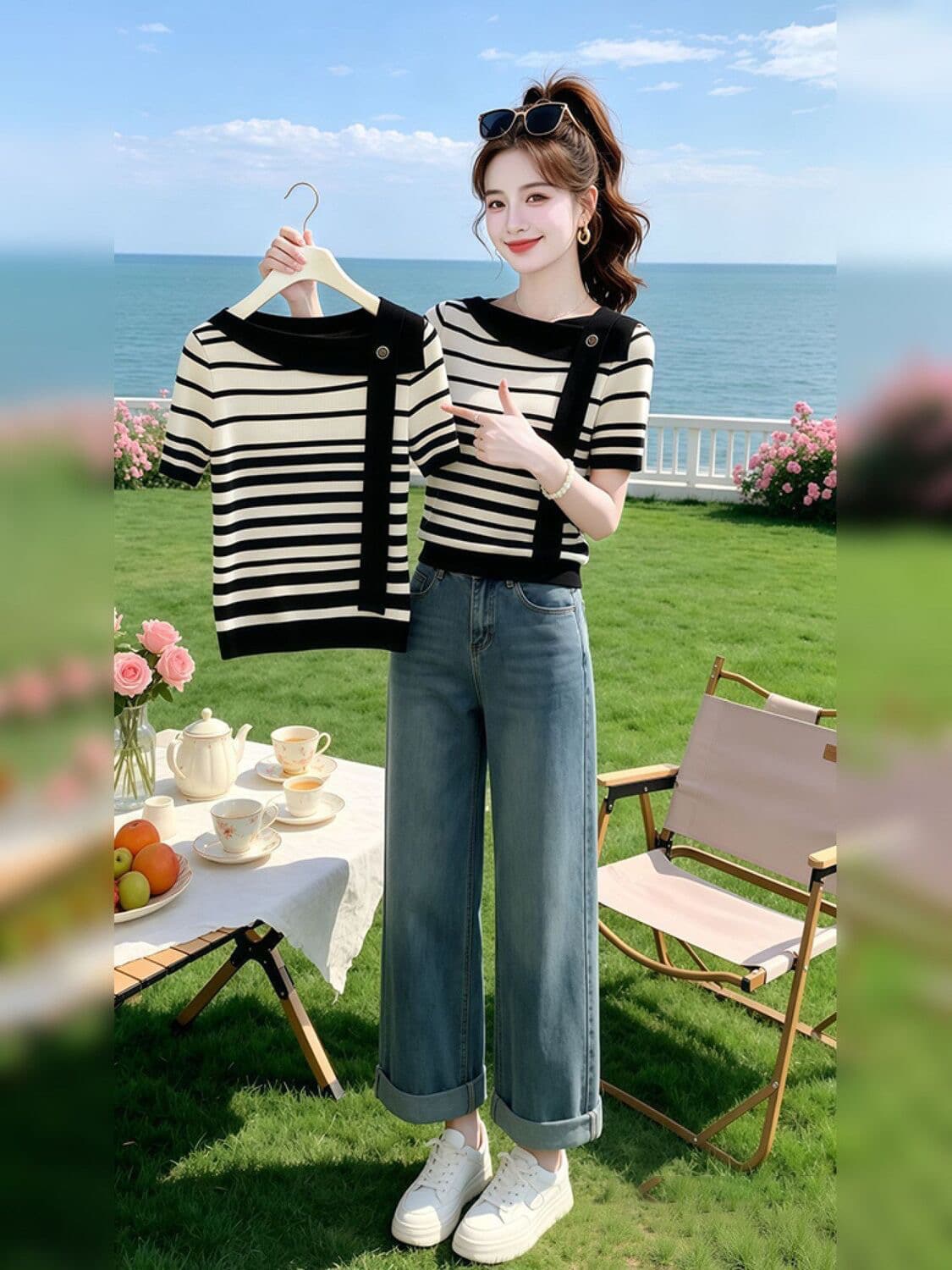 패션 레트로 chic 스트라이프 배색 라운드 넥 니트 반팔 티셔츠 여성 여름 섹션 작은 대중 캐주얼 다용도 맨위 상세 이미지 5