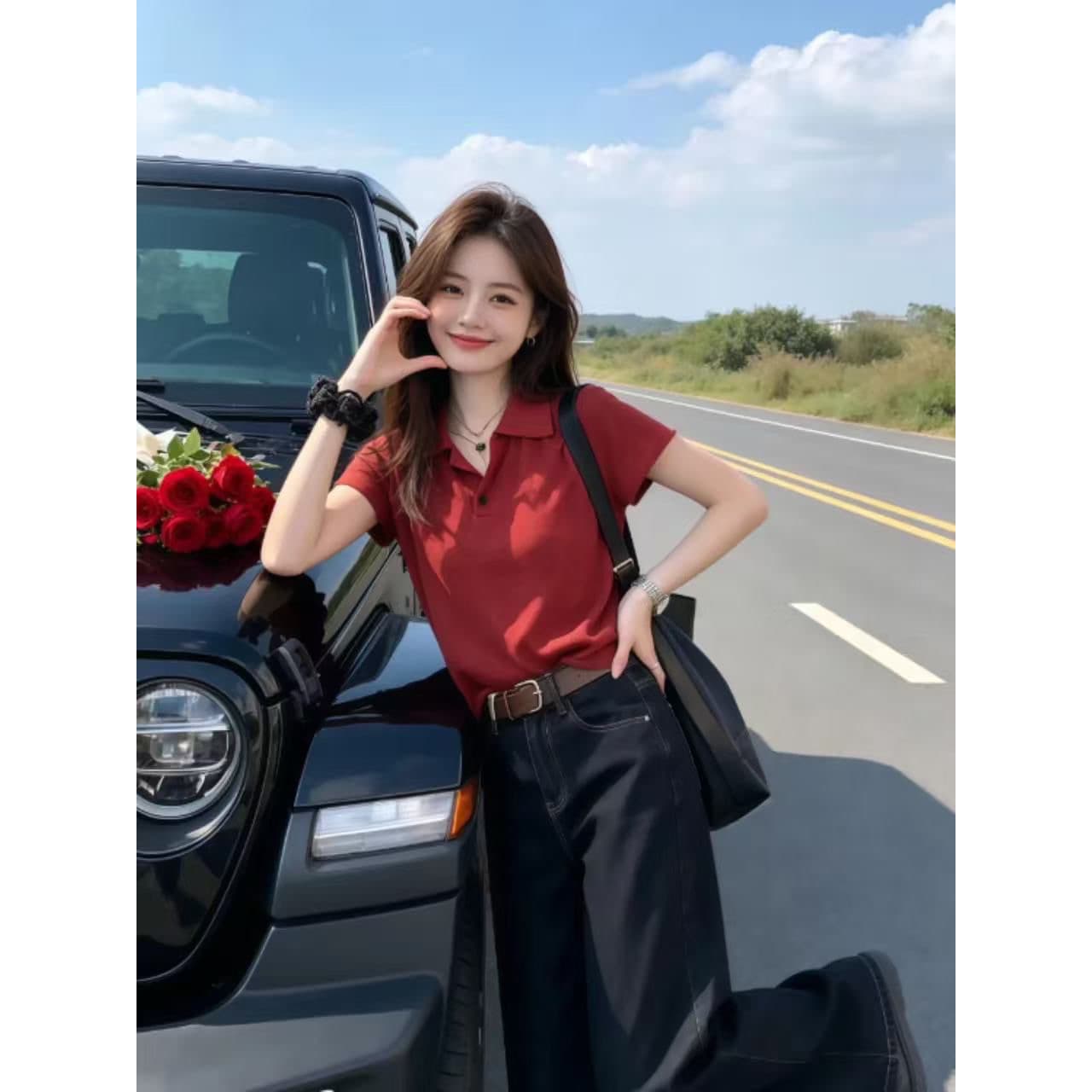 POLO 칼라 빨간색 볼륨 측면 반팔 니트 스웨터 여성 2026 년 새로운 여름 얇은 스타일 티셔츠 미니멀리즘 슬림해 보이는 맨위 이미지 3
