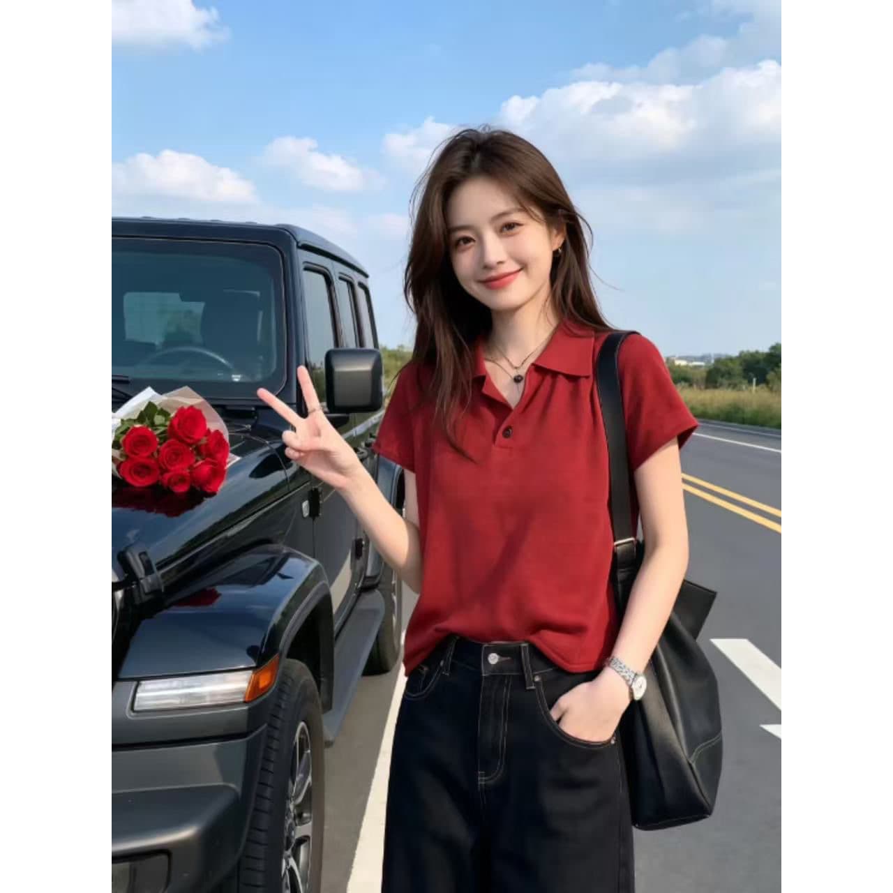 POLO 칼라 빨간색 볼륨 측면 반팔 니트 스웨터 여성 2026 년 새로운 여름 얇은 스타일 티셔츠 미니멀리즘 슬림해 보이는 맨위 이미지 4