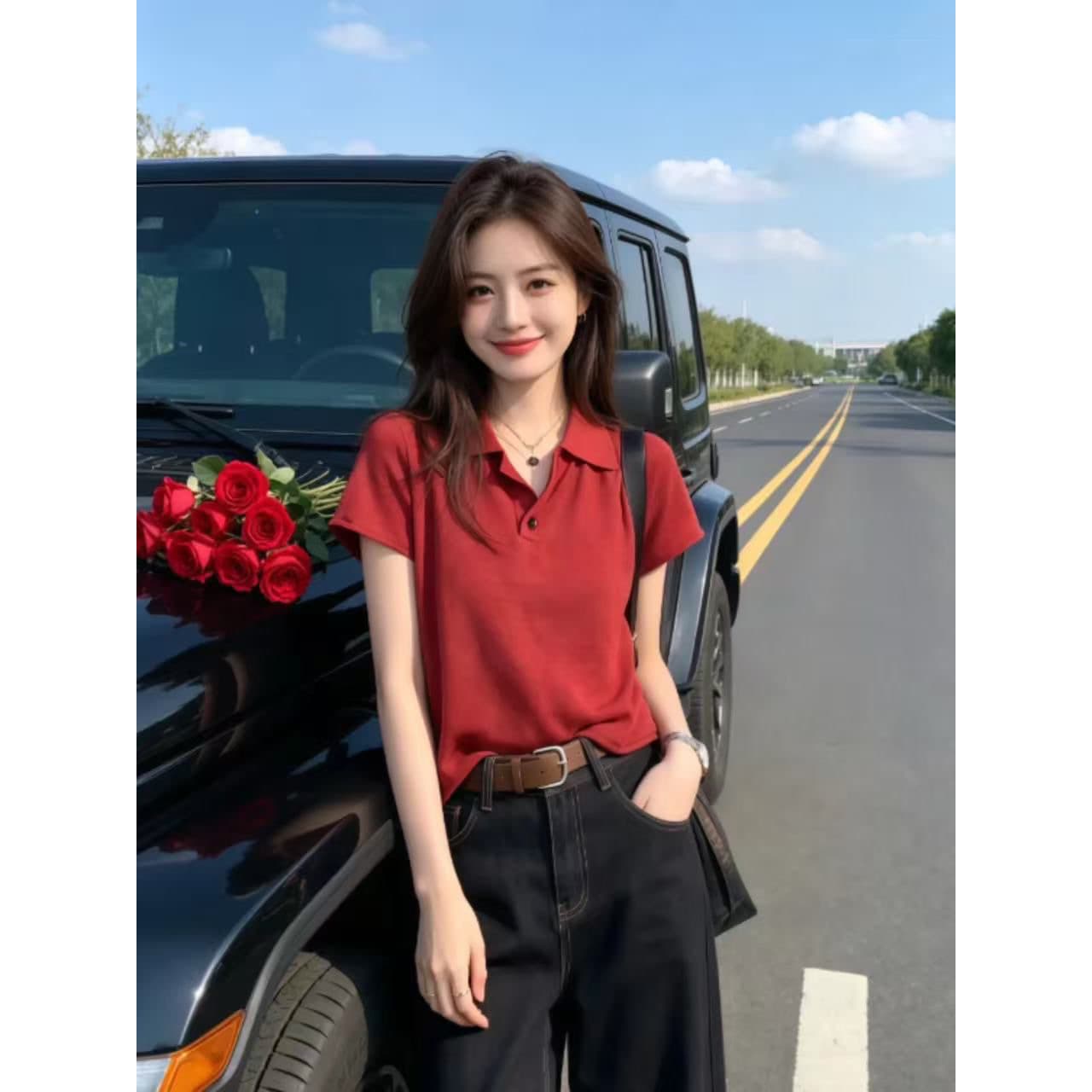 POLO 칼라 빨간색 볼륨 측면 반팔 니트 스웨터 여성 2026 년 새로운 여름 얇은 스타일 티셔츠 미니멀리즘 슬림해 보이는 맨위 상세 이미지 1