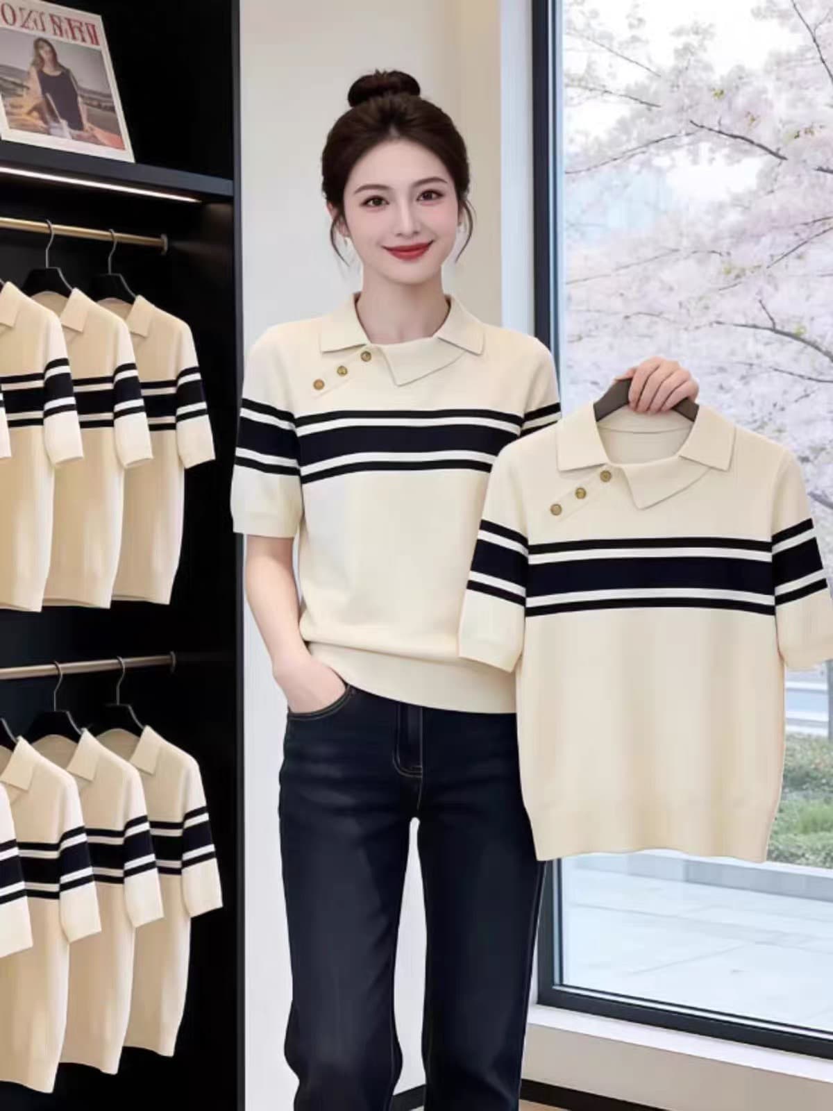 한 부서 몸매 가꾸기 스트라이프 POLO 셔츠 얼음 실크 니트 반팔 긍정적 인 어깨 티셔츠 여성 자이언트 잘 생긴 고유 한 아름다운 맨위 여름 이미지 4
