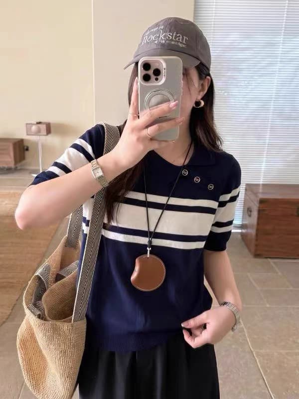 한 부서 몸매 가꾸기 스트라이프 POLO 셔츠 얼음 실크 니트 반팔 긍정적 인 어깨 티셔츠 여성 자이언트 잘 생긴 고유 한 아름다운 맨위 여름 상세 이미지 1