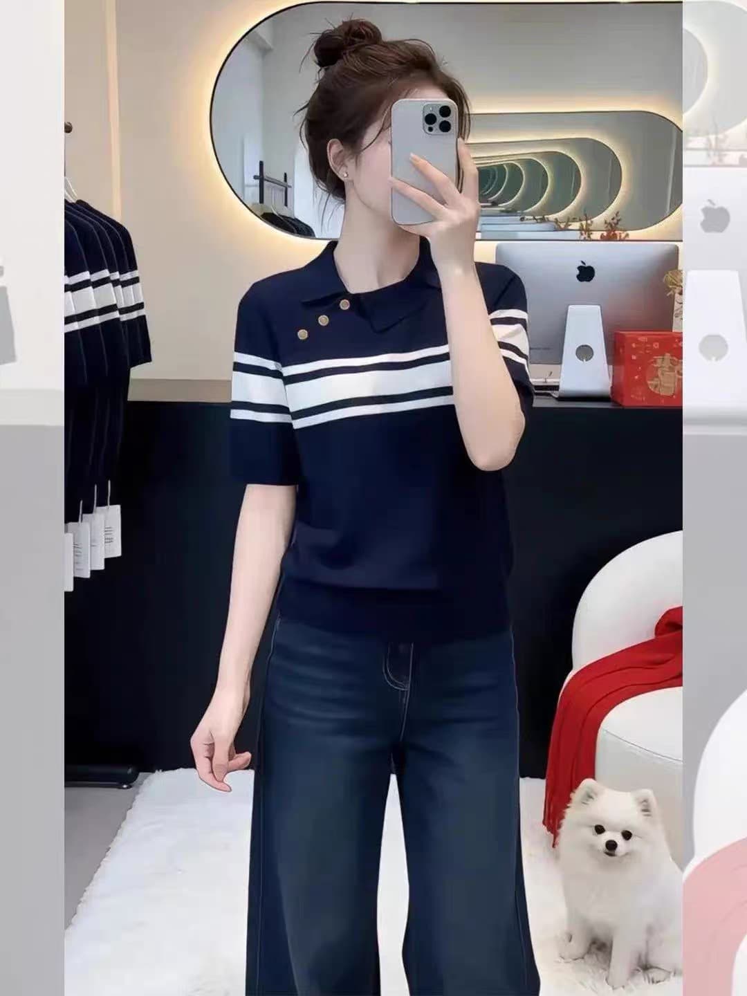한 부서 몸매 가꾸기 스트라이프 POLO 셔츠 얼음 실크 니트 반팔 긍정적 인 어깨 티셔츠 여성 자이언트 잘 생긴 고유 한 아름다운 맨위 여름 상세 이미지 3
