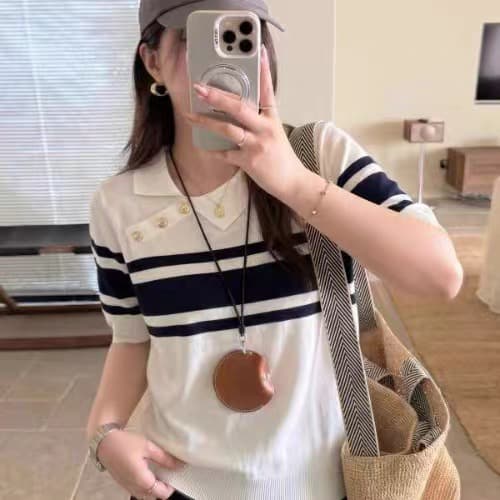 한 부서 몸매 가꾸기 스트라이프 POLO 셔츠 얼음 실크 니트 반팔 긍정적 인 어깨 티셔츠 여성 자이언트 잘 생긴 고유 한 아름다운 맨위 여름 상세 이미지 6