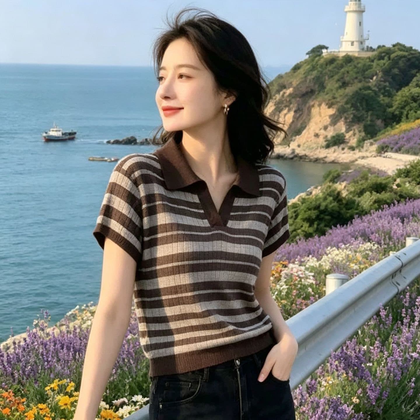 캐주얼 스트라이프 POLO 칼라 반팔 니트 스웨터 여성 2026 여름 새로운 슬림해 보이는 품격 슈퍼 화재 연령 감소 맨위 여성 상세 이미지 6