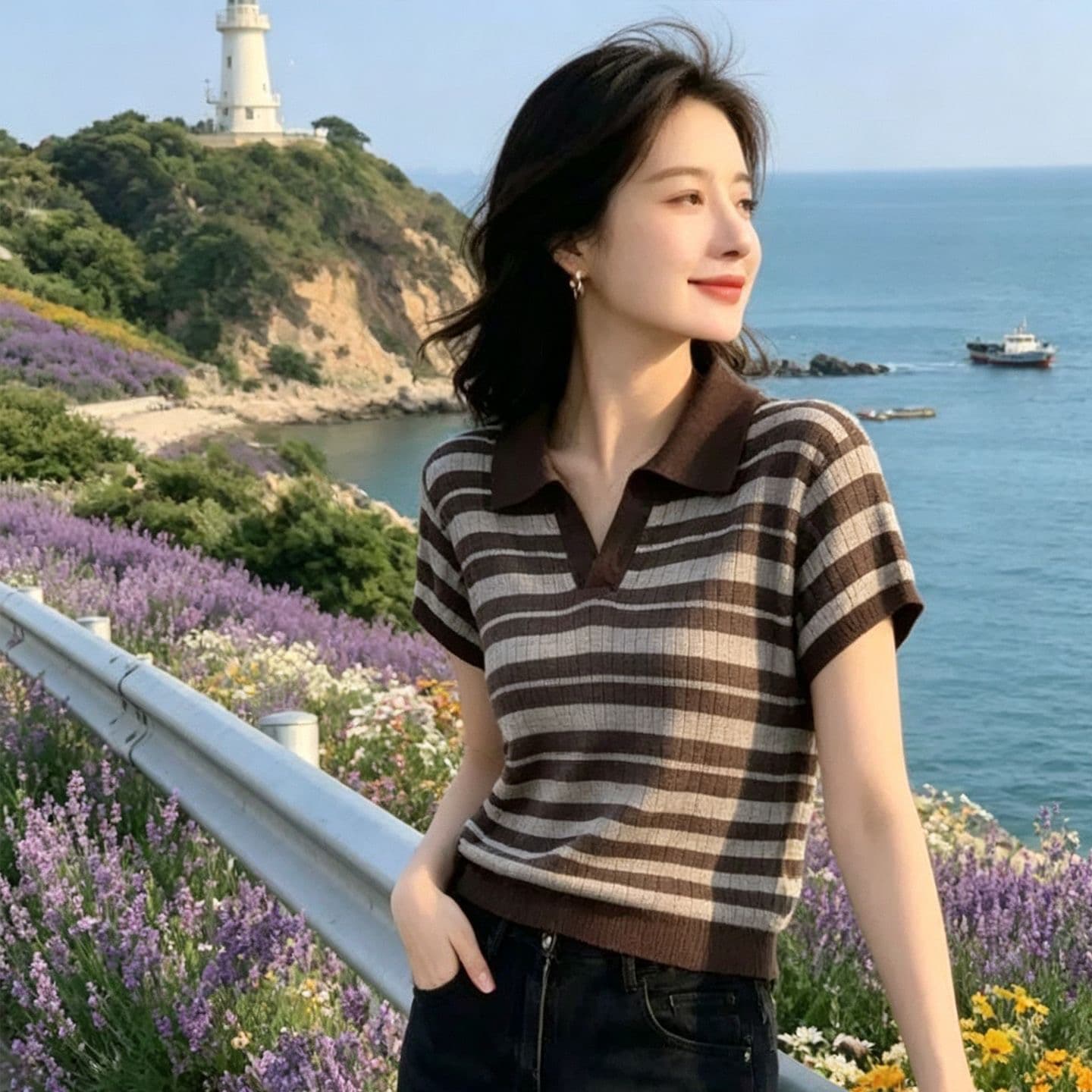 캐주얼 스트라이프 POLO 칼라 반팔 니트 스웨터 여성 2026 여름 새로운 슬림해 보이는 품격 슈퍼 화재 연령 감소 맨위 여성 상세 이미지 8