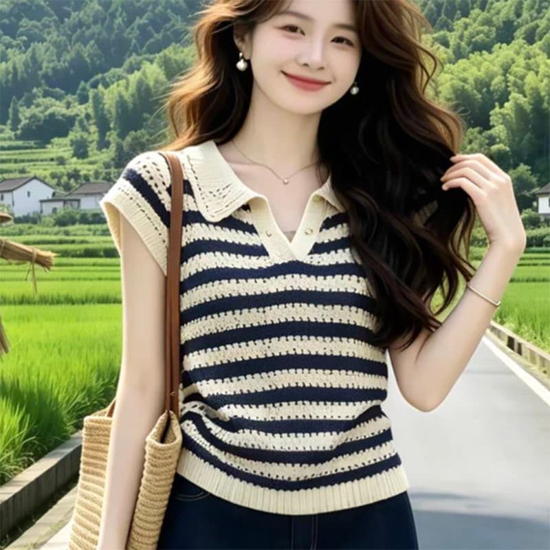 품격 출퇴근 바람 스트라이프 홀로우 아웃 폴로 칼라 Feifei 소매 짠 셔츠 여성 여름 새로운 몸매 가꾸기 슬림해 보이는 다용도 맨위