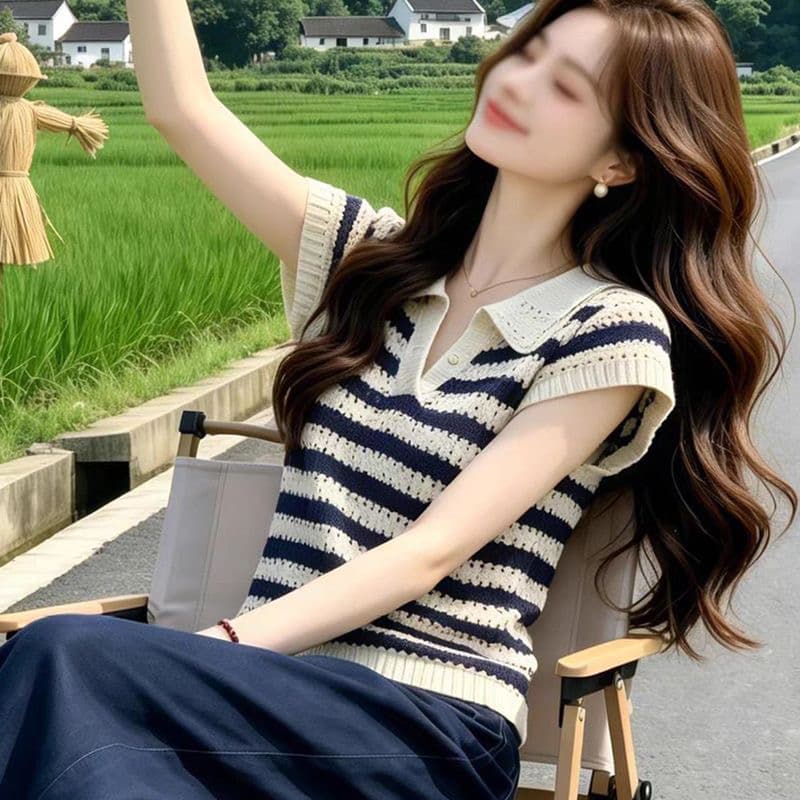 품격 출퇴근 바람 스트라이프 홀로우 아웃 폴로 칼라 Feifei 소매 짠 셔츠 여성 여름 새로운 몸매 가꾸기 슬림해 보이는 다용도 맨위 이미지 3