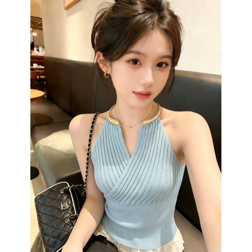 섹시함 순수한 욕망 행침 목 니트 캐미솔 여름 자이언트 잘 생긴 품격 몸매 가꾸기 허리 수축 핫걸 아름다운 맨위 이미지 3
