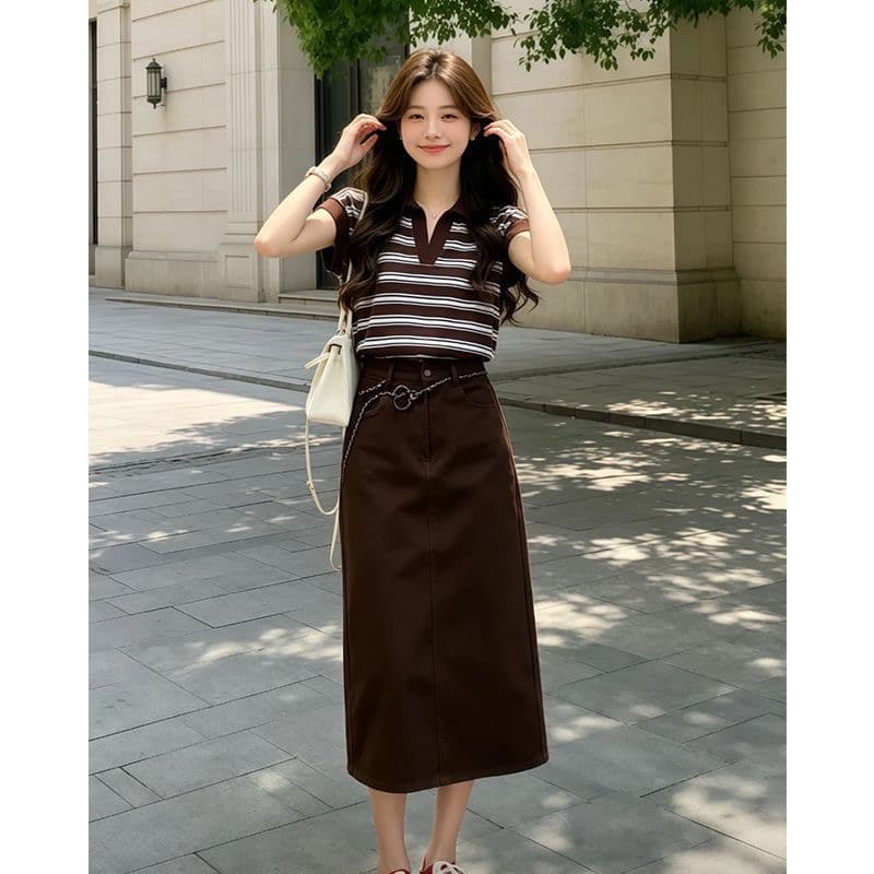 레트로 스트라이프 POLO 칼라 니트 반팔 티셔츠 여성 여름 얇은 스타일 폴로 칼라 루즈핏 슬림해 보이는 다용도 캐주얼 맨위 이미지 4