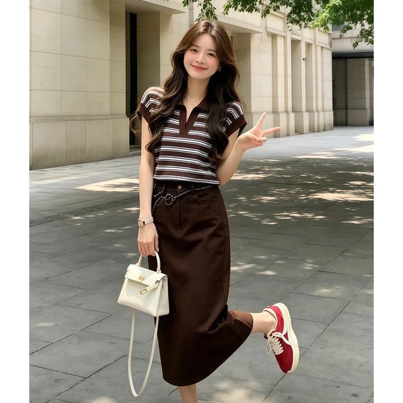 레트로 스트라이프 POLO 칼라 니트 반팔 티셔츠 여성 여름 얇은 스타일 폴로 칼라 루즈핏 슬림해 보이는 다용도 캐주얼 맨위 상세 이미지 1