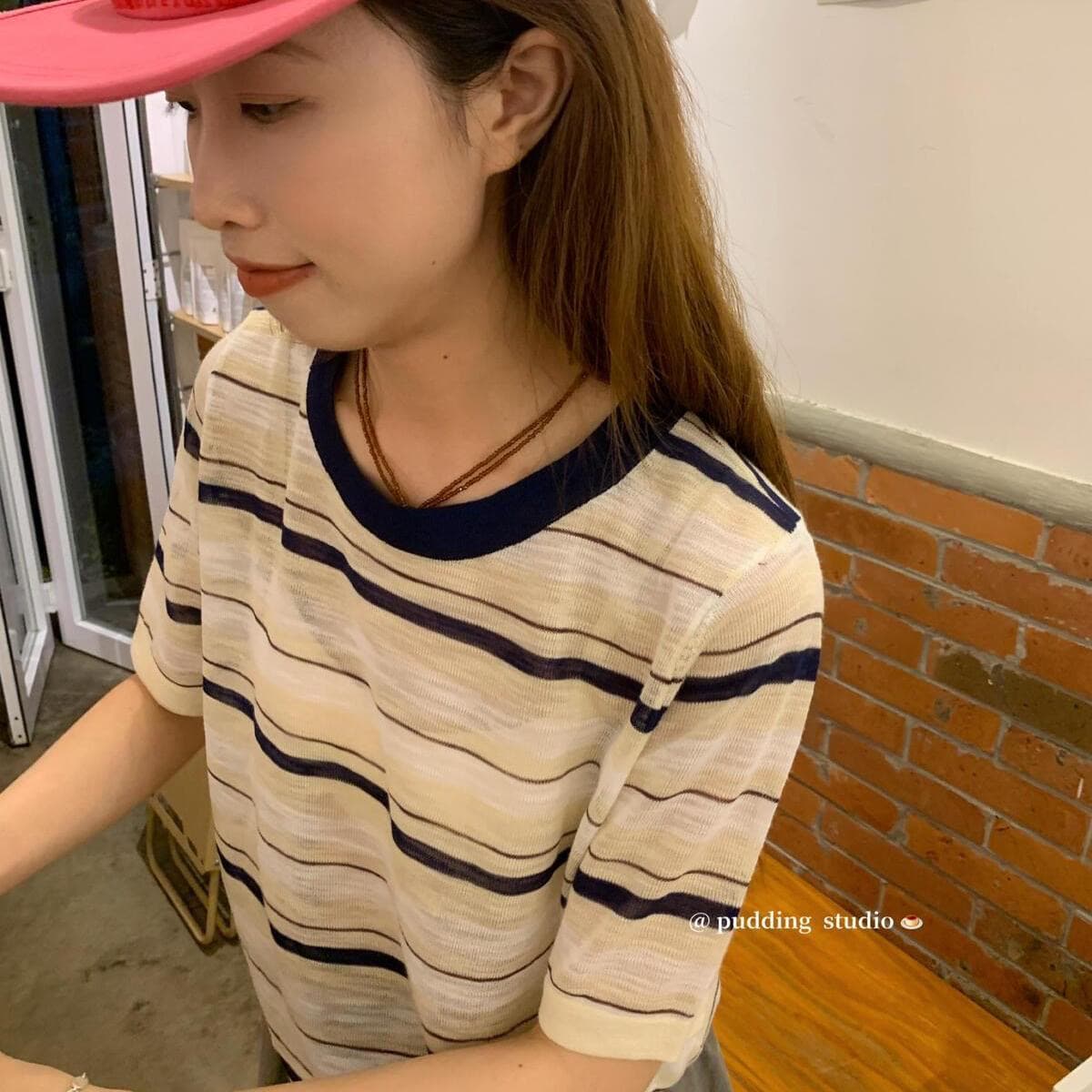 레트로 빨간색 패치워크 라운드 넥 반팔 티셔츠 여성 봄 여름 루즈핏 다용도 얇고 가벼운 마이크로 ~을 통해 얼음 실크 니트 맨위 이미지 4