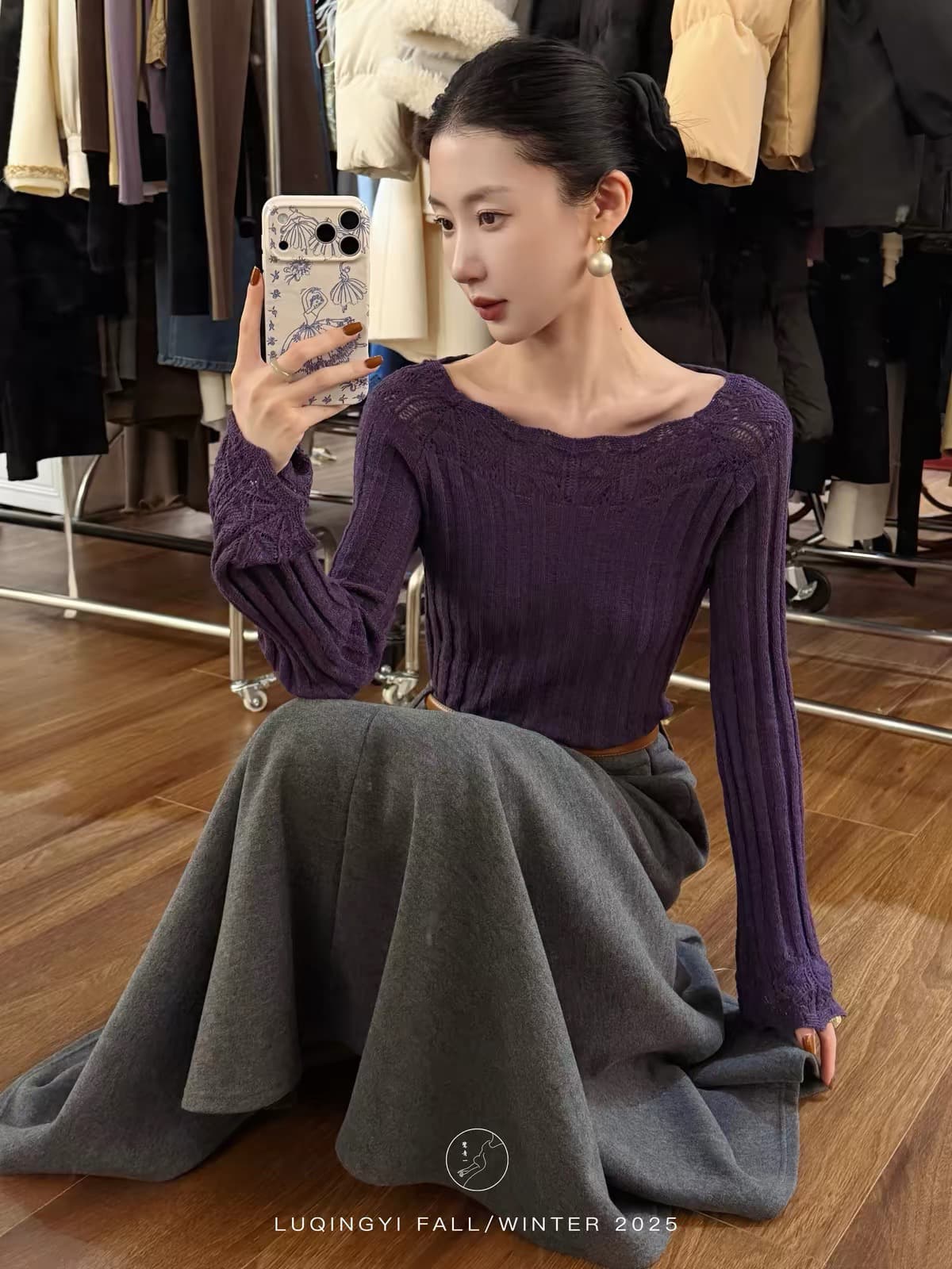 보라색 홀로우 아웃 레이스 풀오버 스웨터 여자 가을 겨울 프랑스식 레트로 품격 몸매 가꾸기 인사이드 가져 가라. 니트 기본 셔츠 맨위 이미지 3