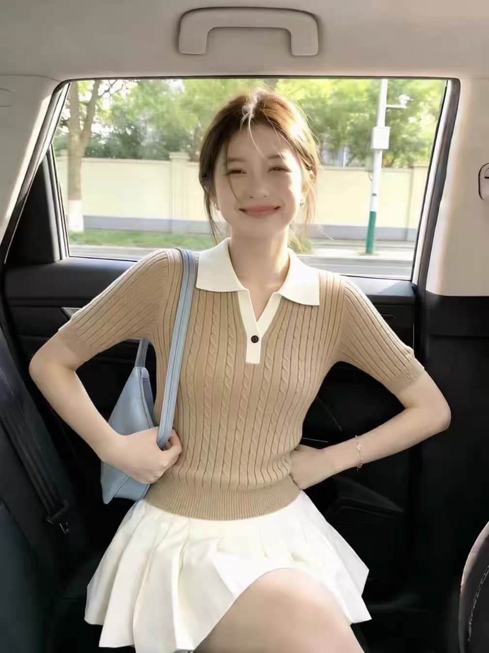 오래된 돈 바람 POLO 칼라 꽈배기 반팔 니트 스웨터 여성 여름 긍정적 인 어깨 몸매 가꾸기 쇼트 스타일 슬림해 보이는 부드러운 출퇴근 맨위 이미지 3