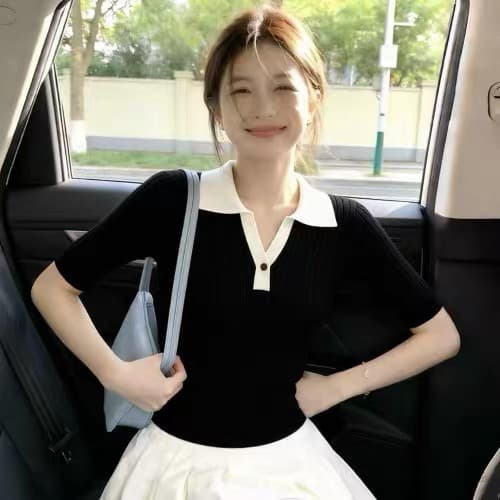 오래된 돈 바람 POLO 칼라 꽈배기 반팔 니트 스웨터 여성 여름 긍정적 인 어깨 몸매 가꾸기 쇼트 스타일 슬림해 보이는 부드러운 출퇴근 맨위 상세 이미지 6