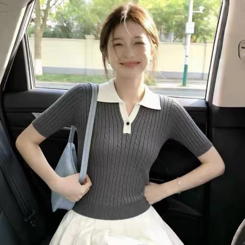 오래된 돈 바람 POLO 칼라 꽈배기 반팔 니트 스웨터 여성 여름 긍정적 인 어깨 몸매 가꾸기 쇼트 스타일 슬림해 보이는 부드러운 출퇴근 맨위 상세 이미지 7
