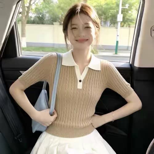 오래된 돈 바람 POLO 칼라 꽈배기 반팔 니트 스웨터 여성 여름 긍정적 인 어깨 몸매 가꾸기 쇼트 스타일 슬림해 보이는 부드러운 출퇴근 맨위 상세 이미지 8
