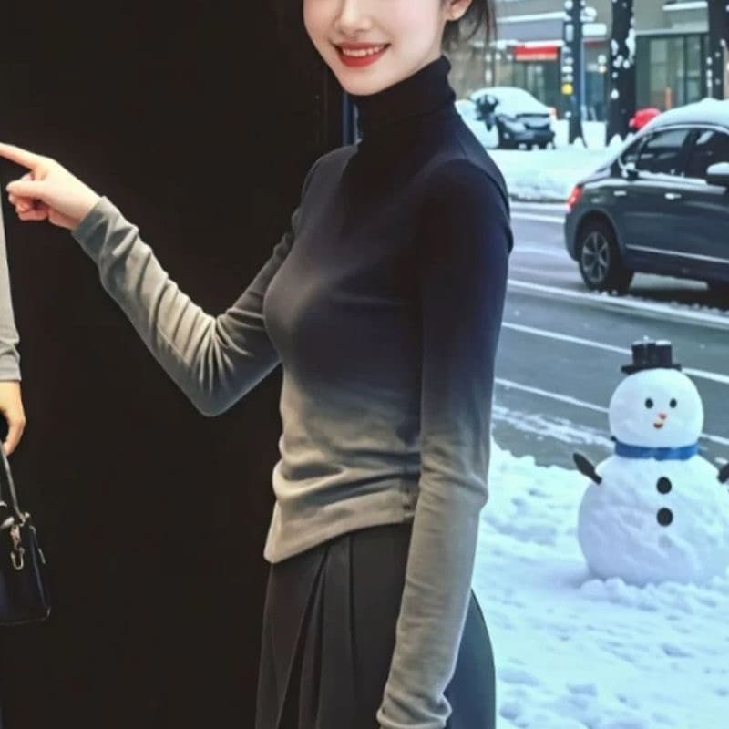 고급 센스 그라데이션 색상 긴팔 티셔츠 여성 겨울 새로운 외국 가스 몸매 가꾸기 슬림해 보이는 다용도 터틀넥 니트 기본 셔츠 이미지 2