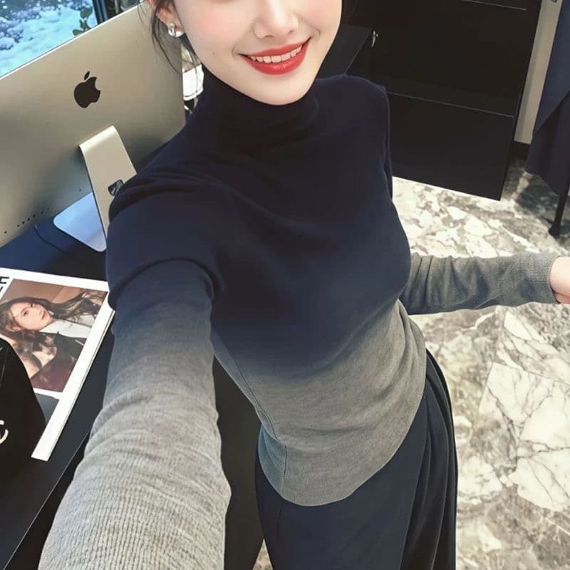 고급 센스 그라데이션 색상 긴팔 티셔츠 여성 겨울 새로운 외국 가스 몸매 가꾸기 슬림해 보이는 다용도 터틀넥 니트 기본 셔츠 이미지 3