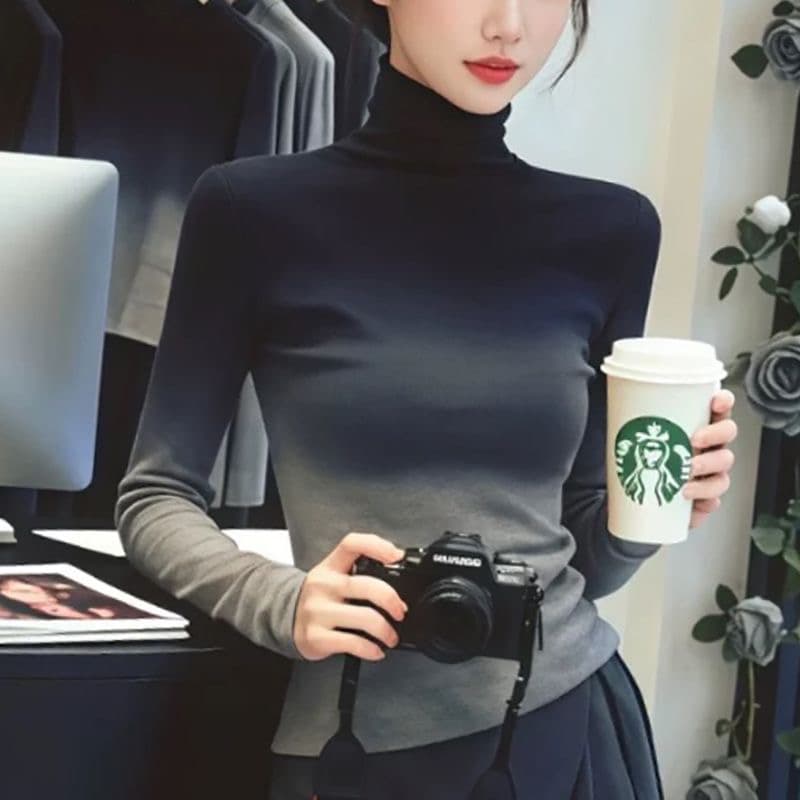 고급 센스 그라데이션 색상 긴팔 티셔츠 여성 겨울 새로운 외국 가스 몸매 가꾸기 슬림해 보이는 다용도 터틀넥 니트 기본 셔츠 상세 이미지 1