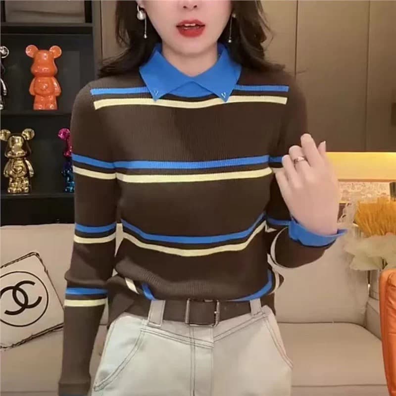 레트로 배색 스트라이프 폴로 칼라 긴팔 니트 스웨터 여성 가을 겨울철 새로운 몸매 가꾸기 슬림해 보이는 다용도 스웨터 기본 셔츠