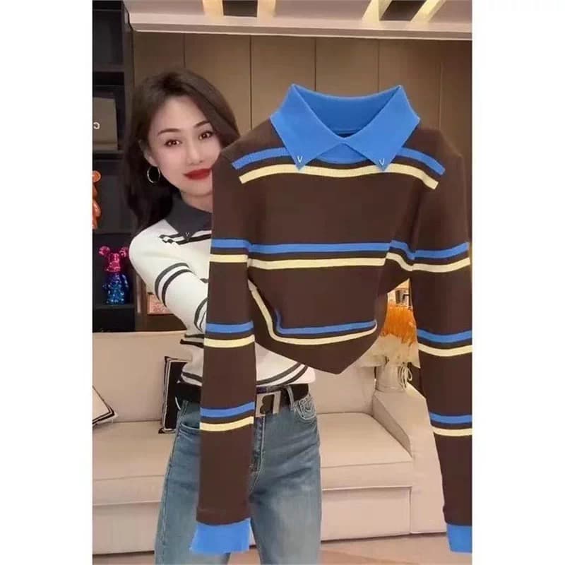 레트로 배색 스트라이프 폴로 칼라 긴팔 니트 스웨터 여성 가을 겨울철 새로운 몸매 가꾸기 슬림해 보이는 다용도 스웨터 기본 셔츠 이미지 2
