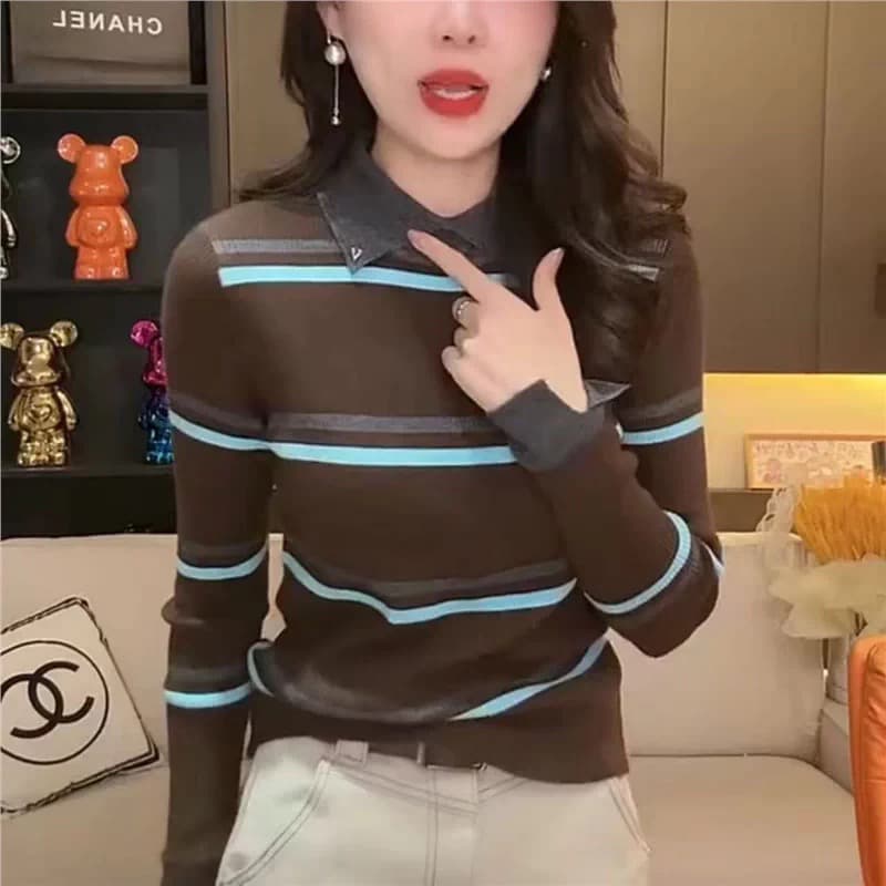 레트로 배색 스트라이프 폴로 칼라 긴팔 니트 스웨터 여성 가을 겨울철 새로운 몸매 가꾸기 슬림해 보이는 다용도 스웨터 기본 셔츠 상세 이미지 3
