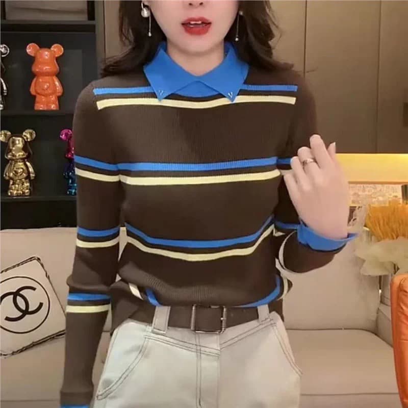 레트로 배색 스트라이프 폴로 칼라 긴팔 니트 스웨터 여성 가을 겨울철 새로운 몸매 가꾸기 슬림해 보이는 다용도 스웨터 기본 셔츠 상세 이미지 4