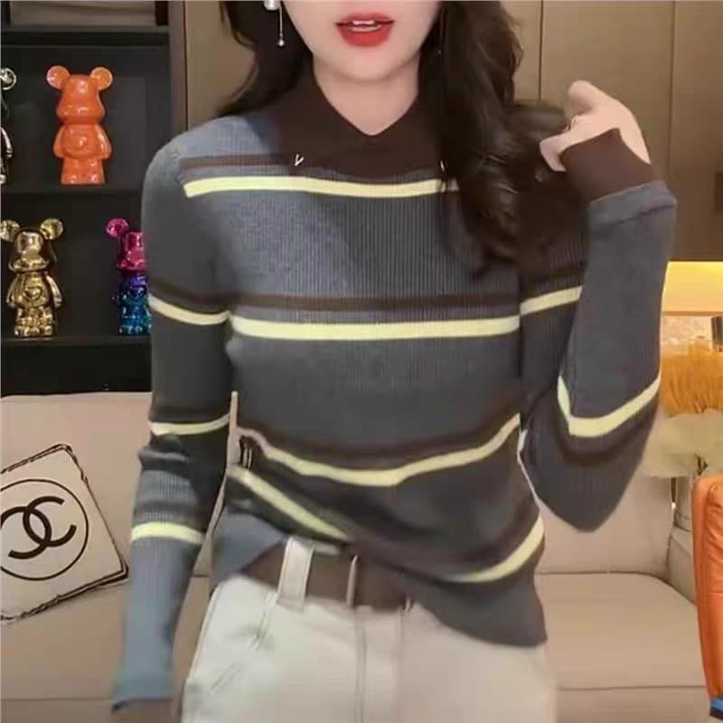 레트로 배색 스트라이프 폴로 칼라 긴팔 니트 스웨터 여성 가을 겨울철 새로운 몸매 가꾸기 슬림해 보이는 다용도 스웨터 기본 셔츠 상세 이미지 6