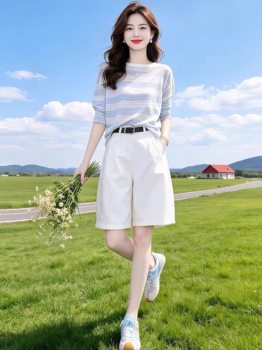 슈퍼 폭발 여름 드레스 전체 집합 여성 의류 한 부서 고급 센스 긴팔 티셔츠 넓은 다리가 짧다. 바지 투피스 세트 외국 가스 다용도 이미지 3