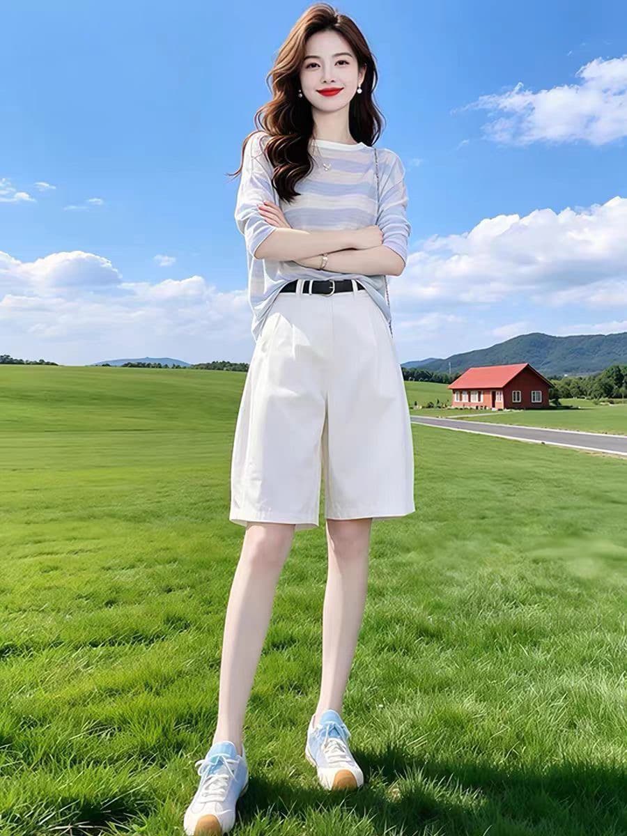 슈퍼 폭발 여름 드레스 전체 집합 여성 의류 한 부서 고급 센스 긴팔 티셔츠 넓은 다리가 짧다. 바지 투피스 세트 외국 가스 다용도 상세 이미지 2